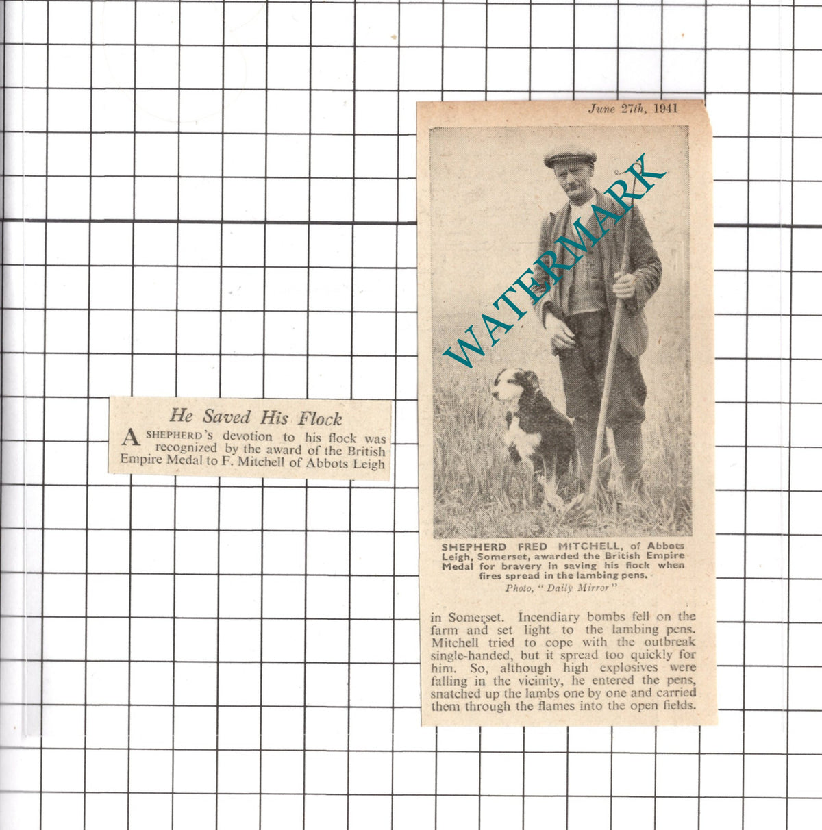 Fred Mitchell Abbots Leigh Somerset WW2 - 1941 Two-Part Clipping / Print