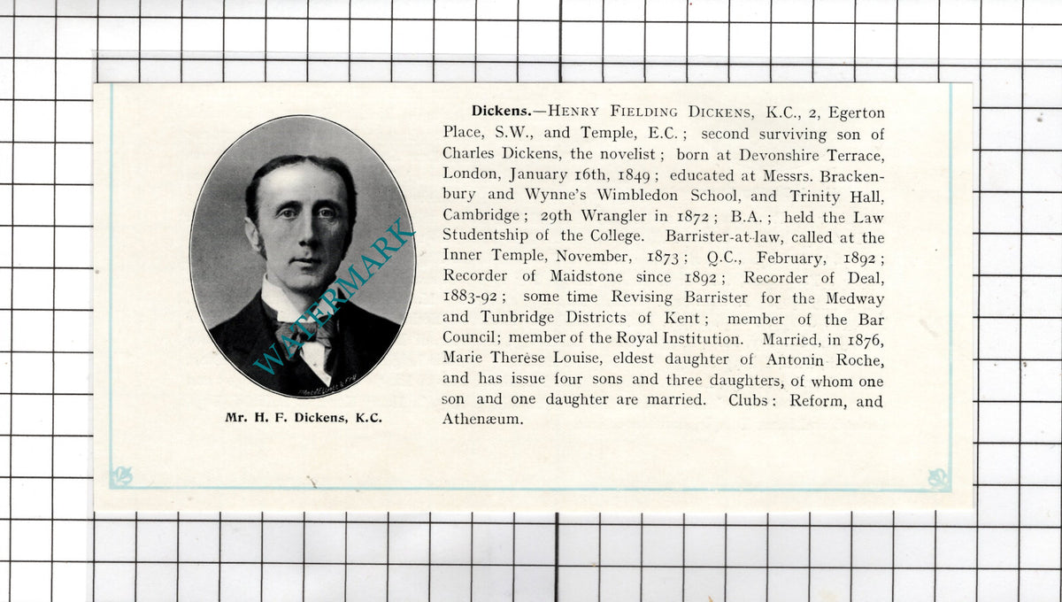 Henry Fielding Dickens 2 Egerton Place London Charles Dickens - c.1905 Clipping