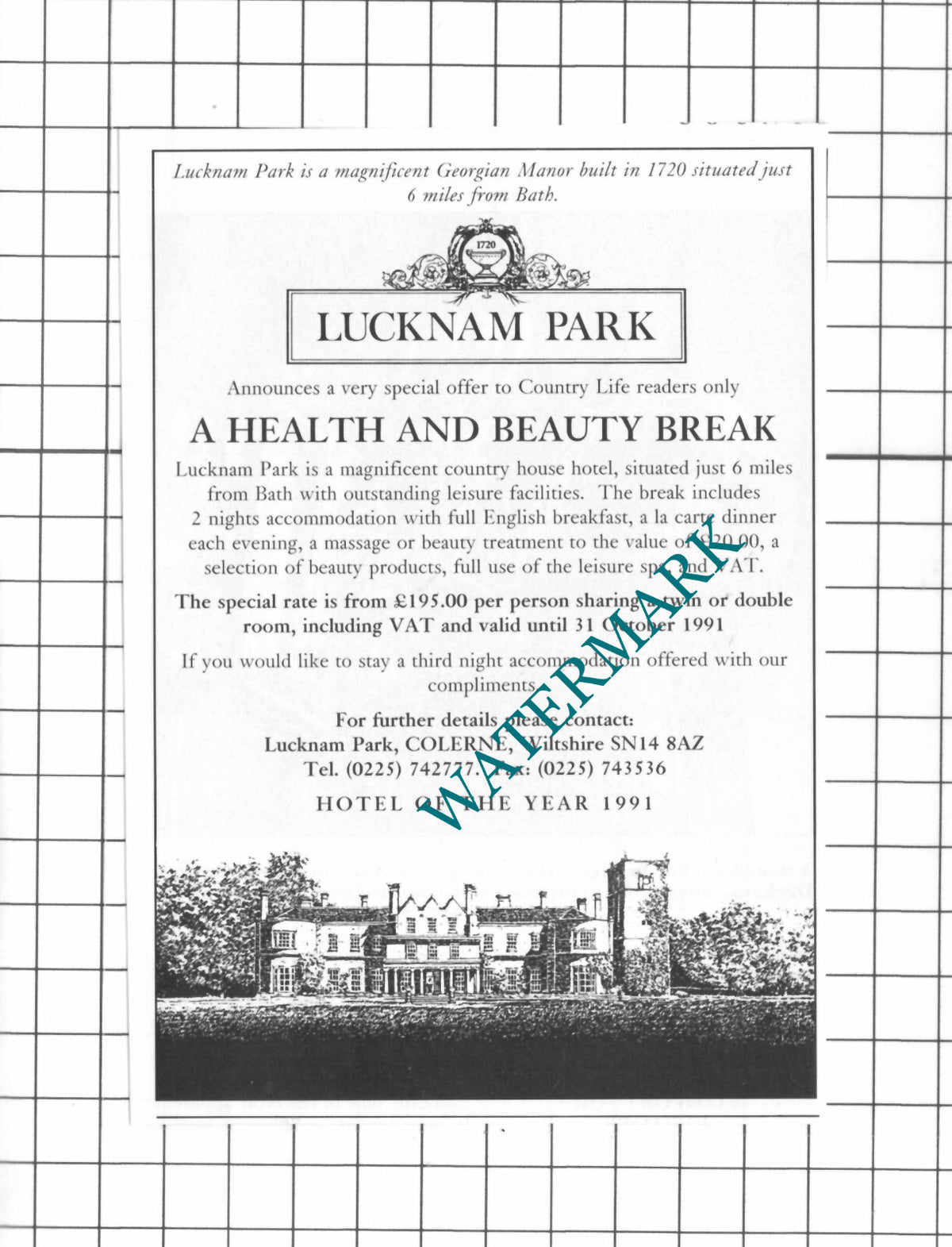 Lucknam Park Hotel Advert - 1991 Clipping / Print