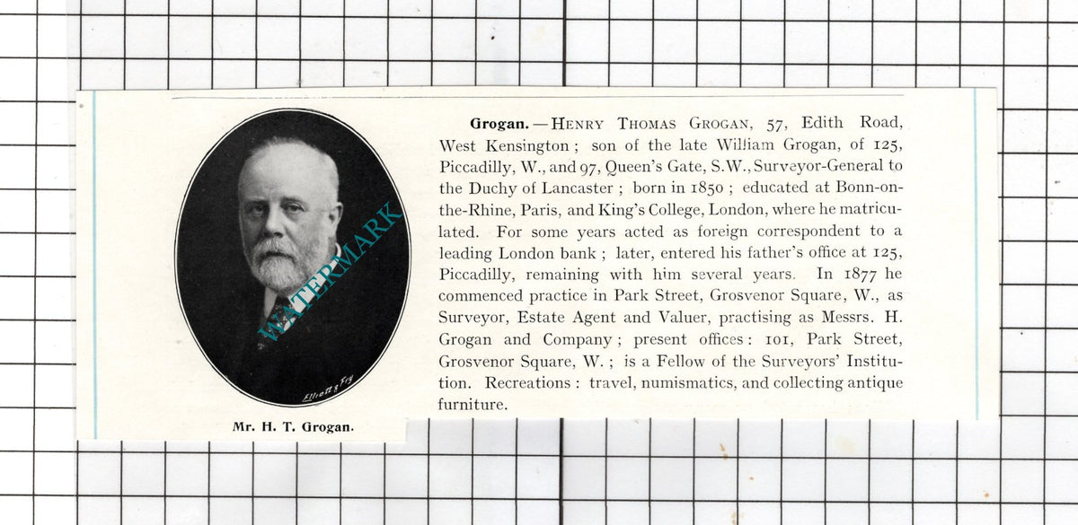 Henry Thomas Grogan 57 Edith Road West Kensington London - c.1905 Clipping