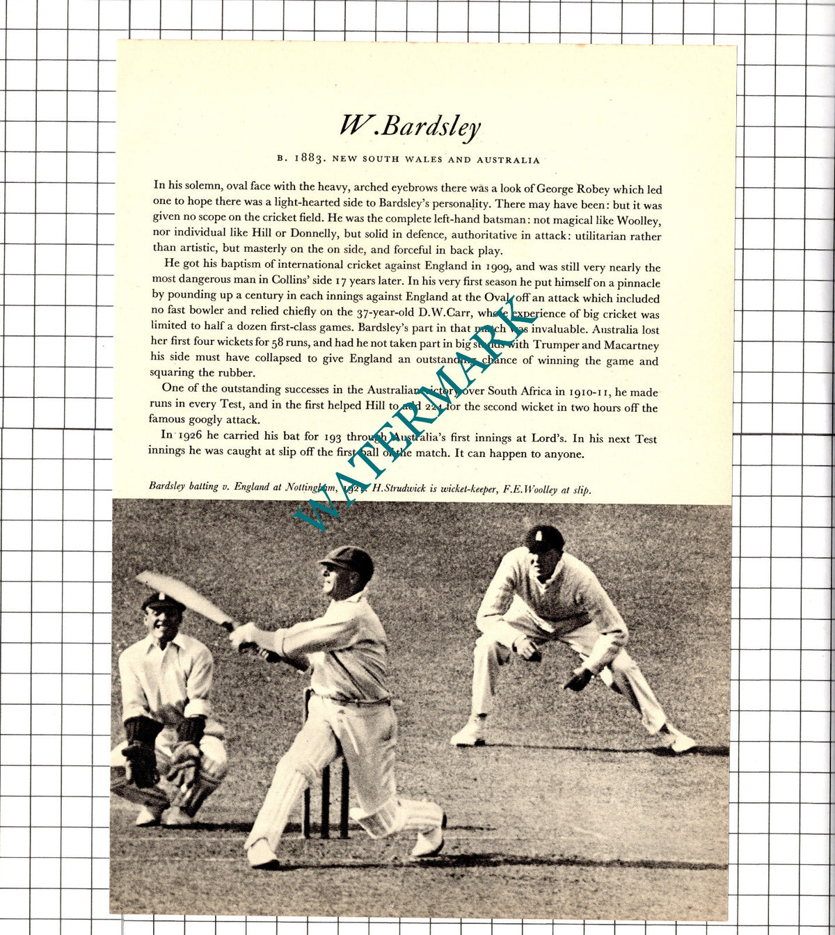 Bill Hitch JW Hitch Cricketer / W Bardsley Cricket - 1952 Book Print