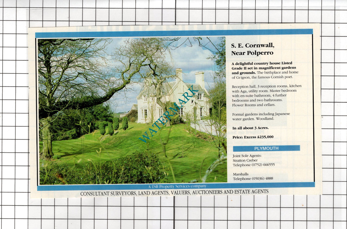Polperro Cornwall House Sale Advert Grigson Poet - 1991 Cutting