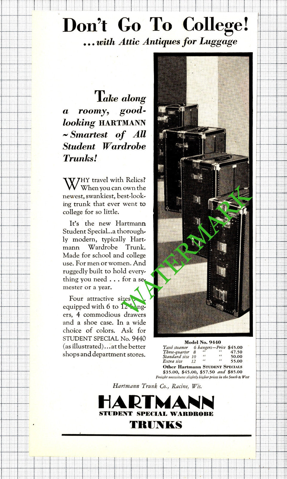Hartmann Trunk Co Racine Wisconsin USA Advert - 1929 Cutting