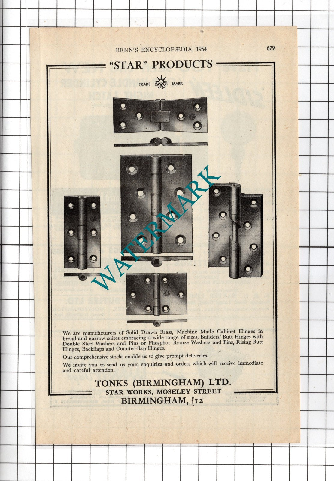 Tonks Birmingham Ltd Star Works Moseley Street Birmingham - 1954 Advert