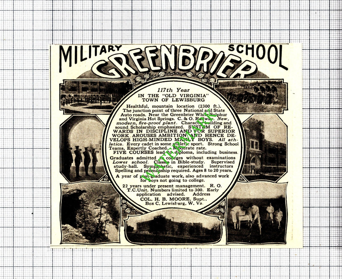 Greenbrier Military School Lewisburg USA Col HB Moore Small Advert 1929 Cutting