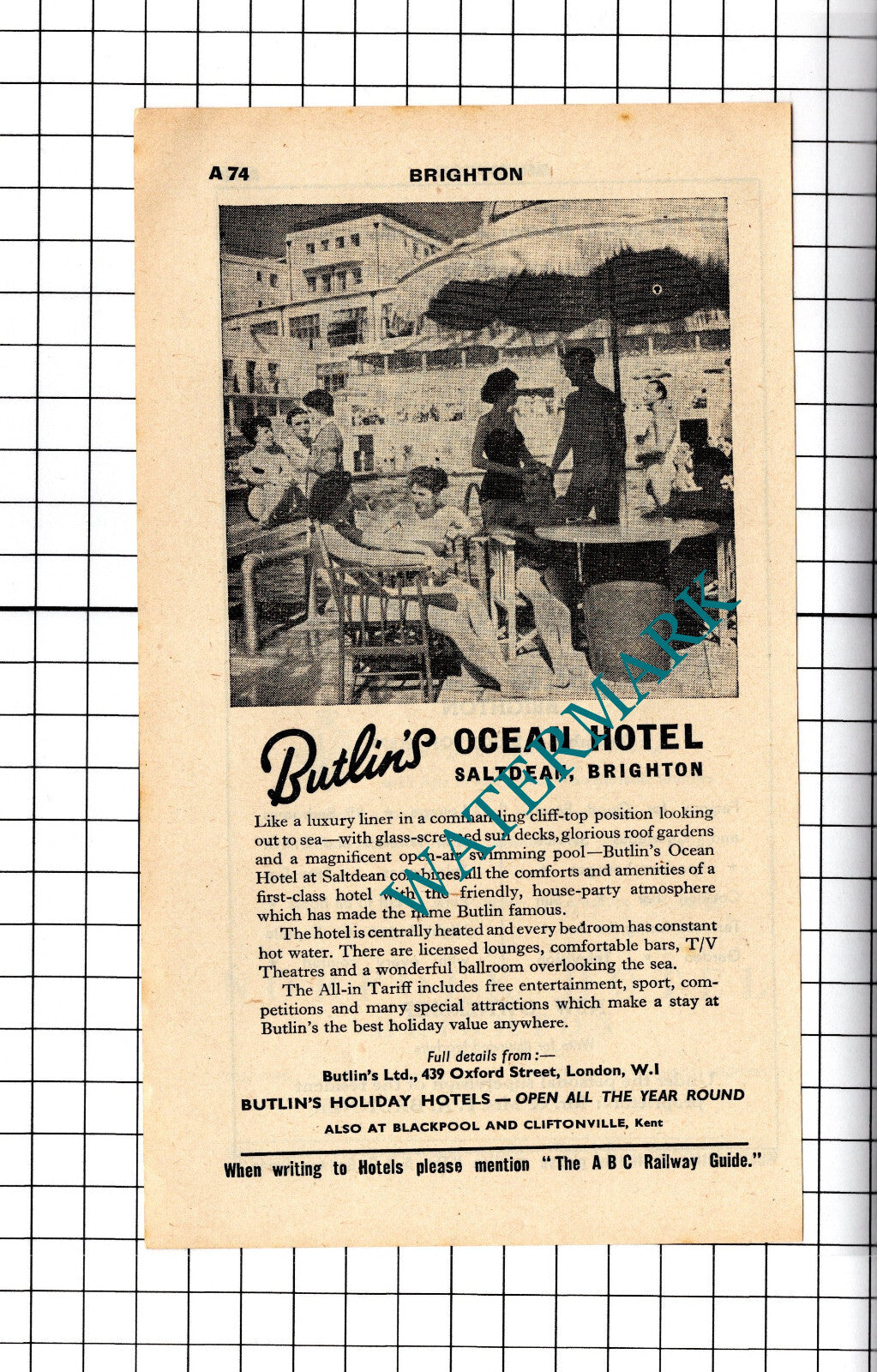 Hotel Metropole Brighton / Butlin's Ocean Hotel Brighton Advert - 1958 Cutting
