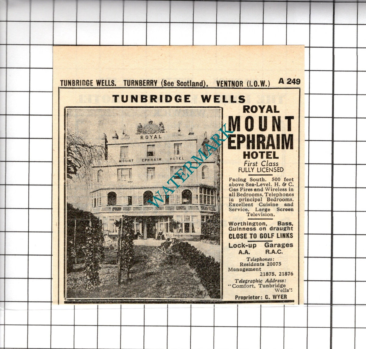 Royal Mount Ephraim Hotel Tunbridge Wells C Wyer Small Advert - 1958 Cutting
