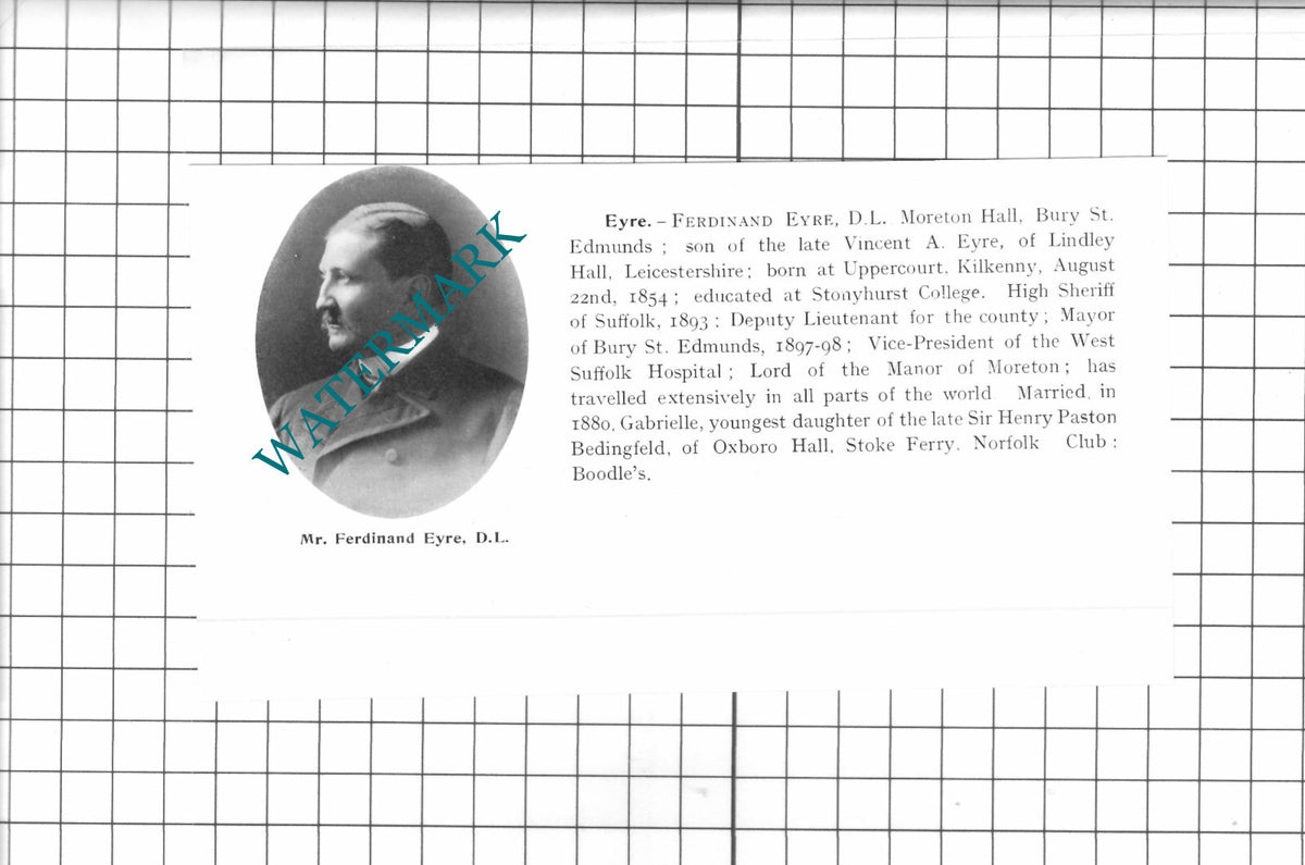 Mr Ferdinand Eyre Moreton Hall Bury St Edmunds - 1911 Clipping / Print