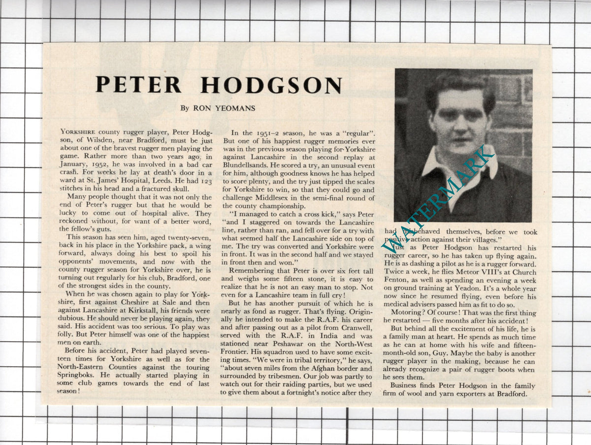 Peter Hodgson Wilsden Yorkshire Rugby Player - 1954 Clipping