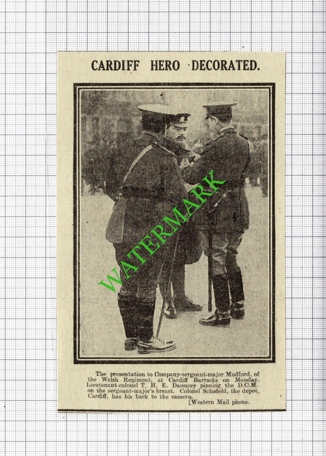 Sgt Major Mudford Welsh Reg Cardiff Barracks Dauncey Schofield - 1916 Cutting
