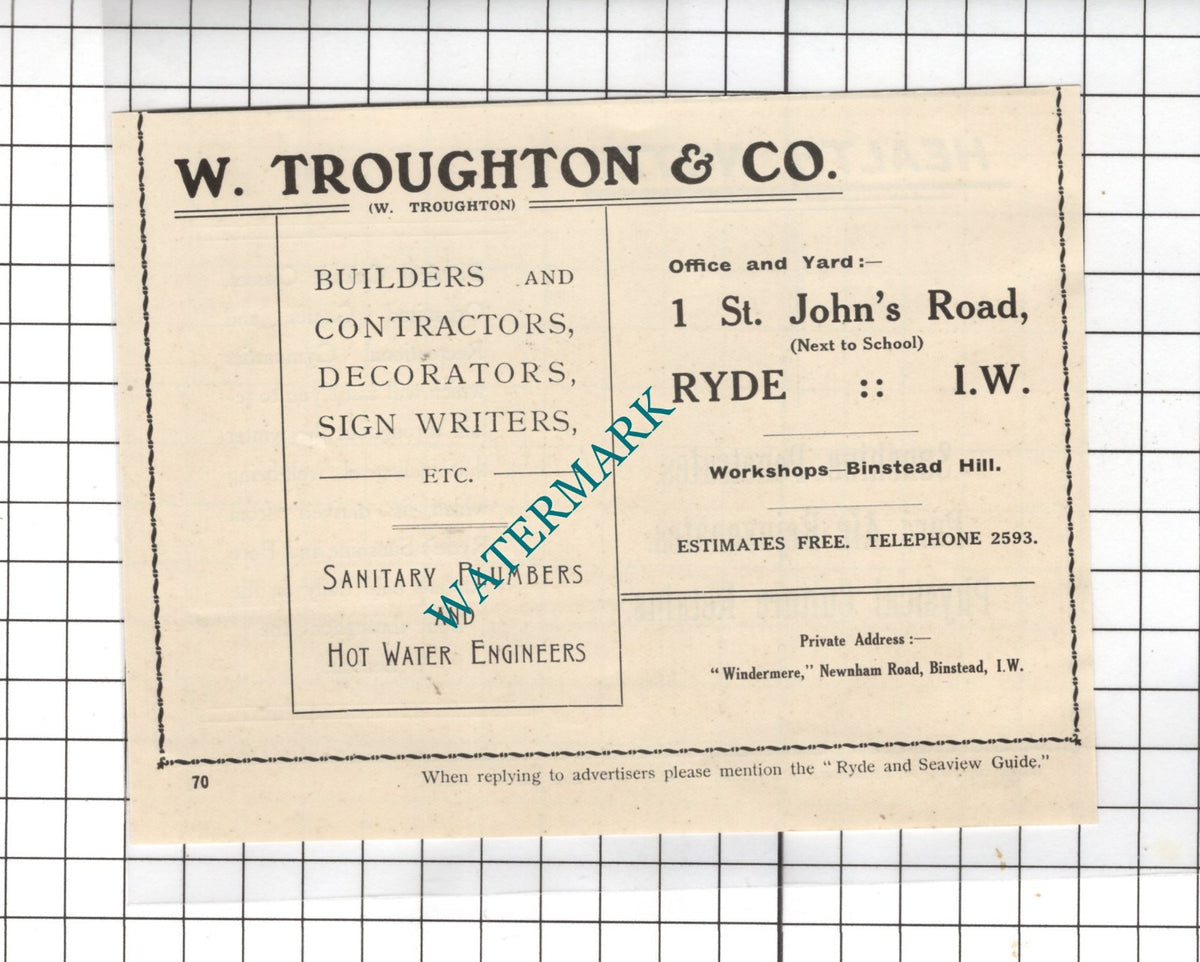W Troughton & Co Builders Ryde Isle Of Wight - 1938 Small Advert