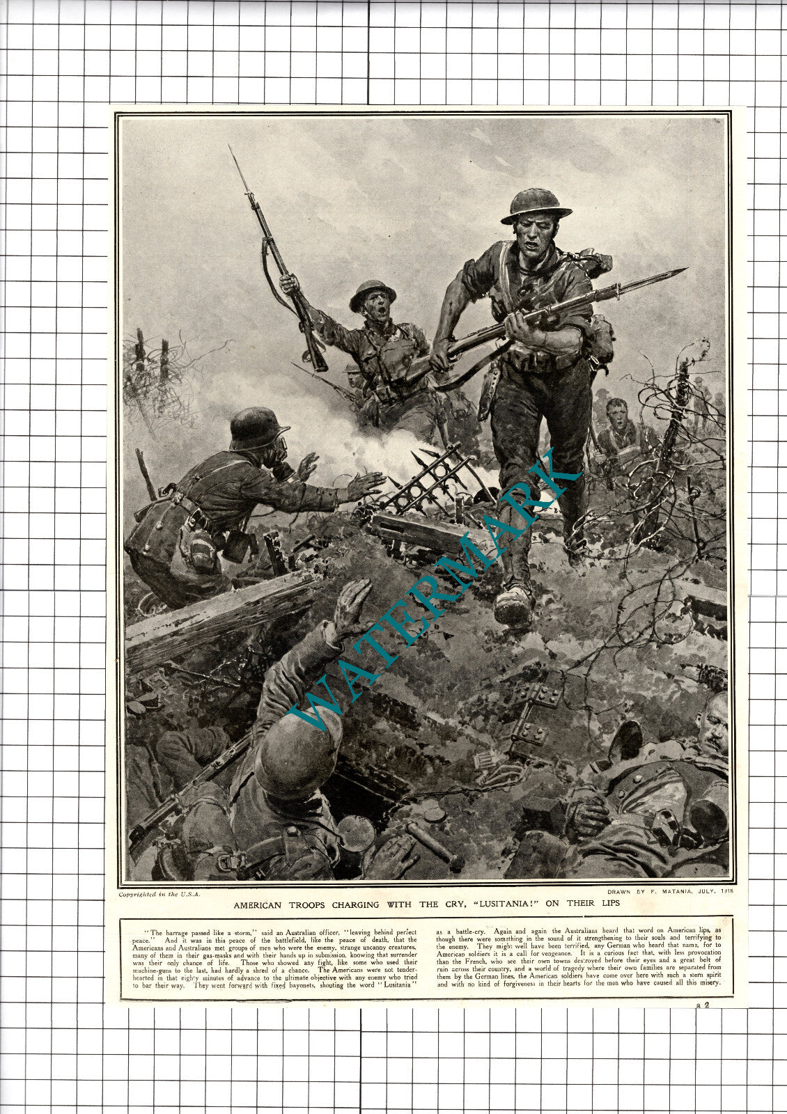 LUSITANIA American Troops Vengeance Battle Cry WW1 - 1918 Cutting / Print