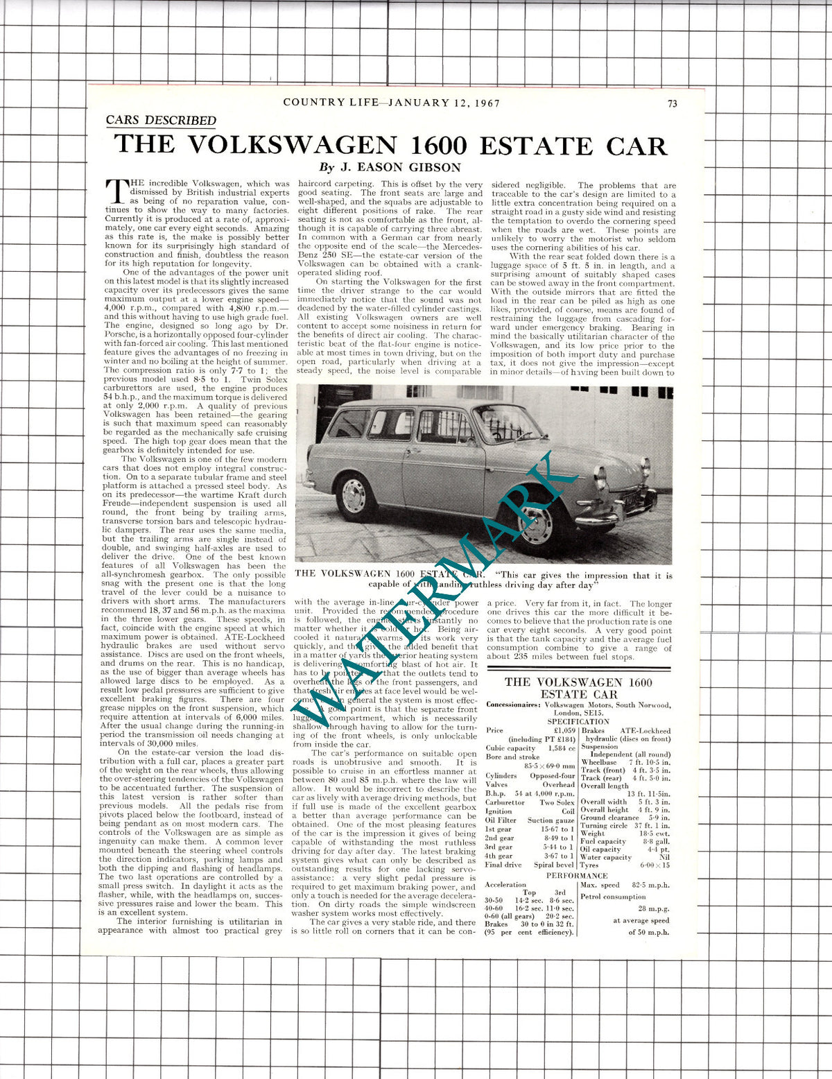 Volkswagen 1600 Estate Car Review - 1967 Clipping / Print