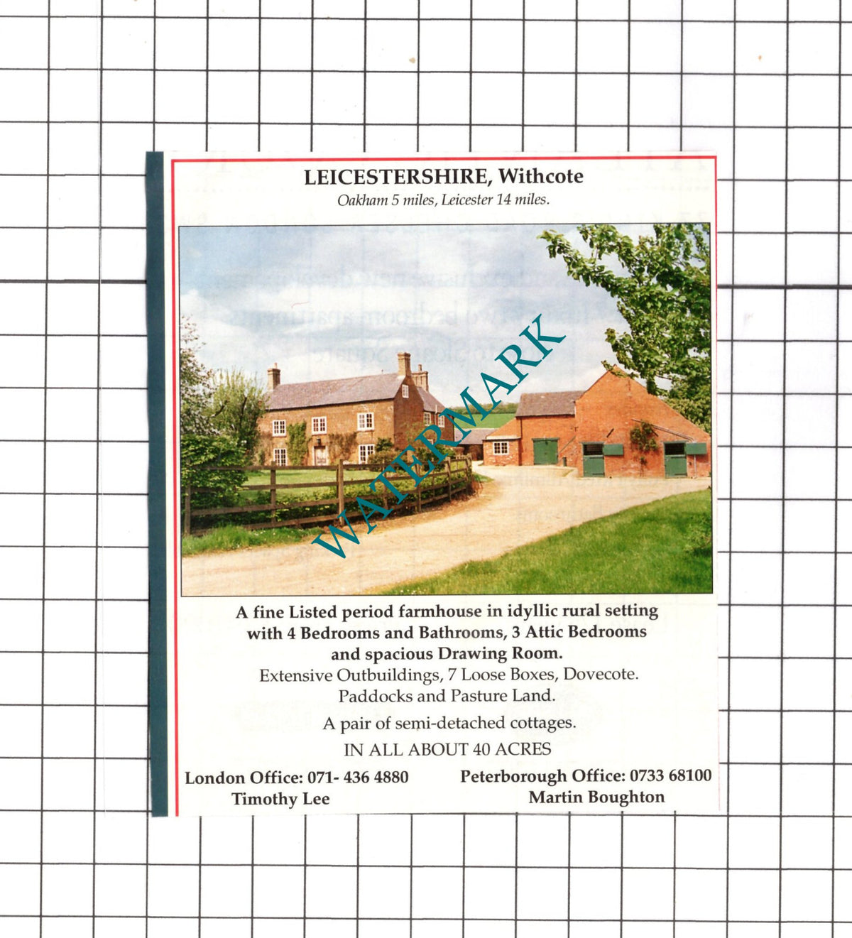Withcote Leicestershire Farm House Sale Advert - 1991 Clipping