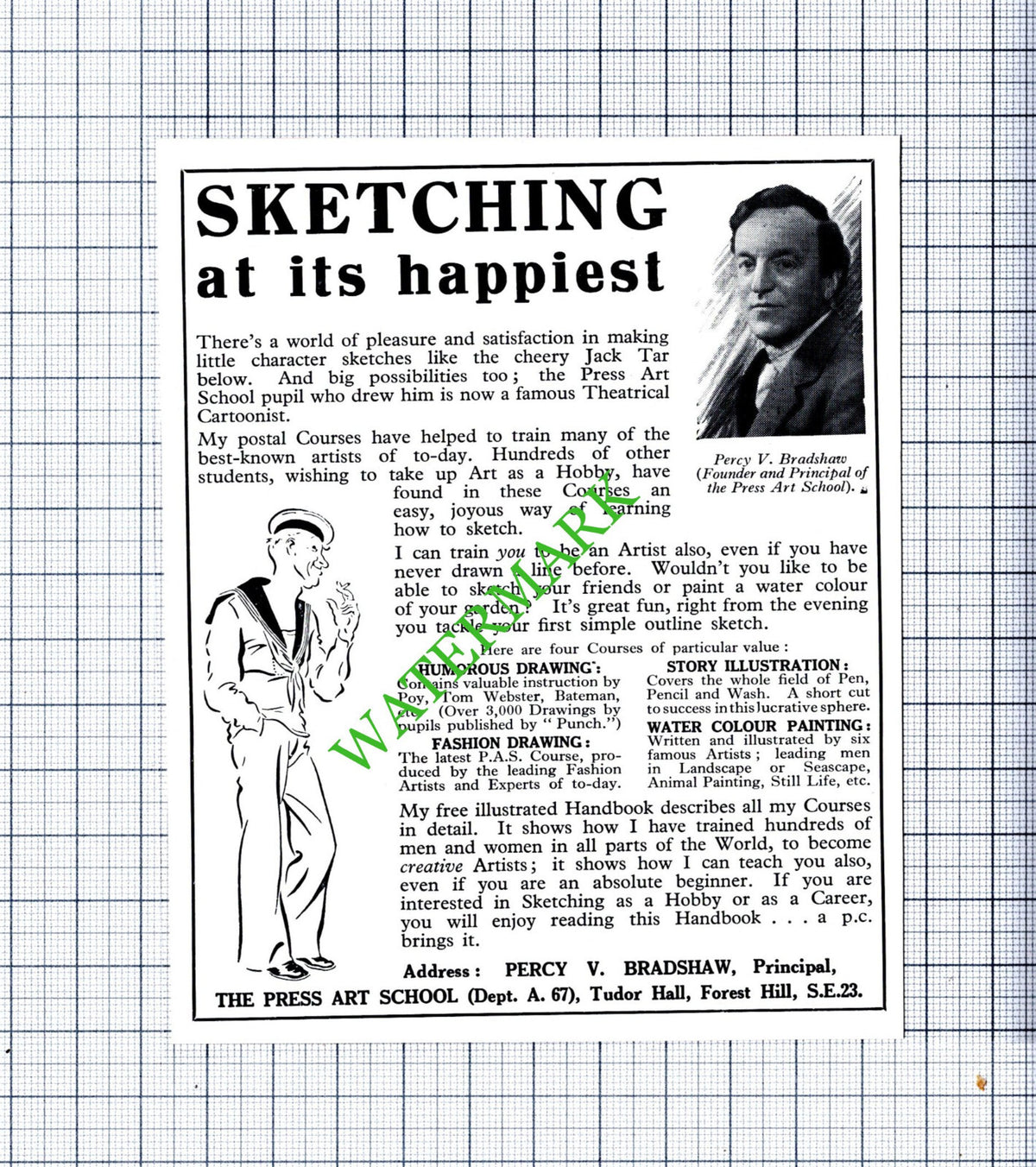 Percy V Bradshaw The Press Art School Small Advert - 1930s Cutting / Print