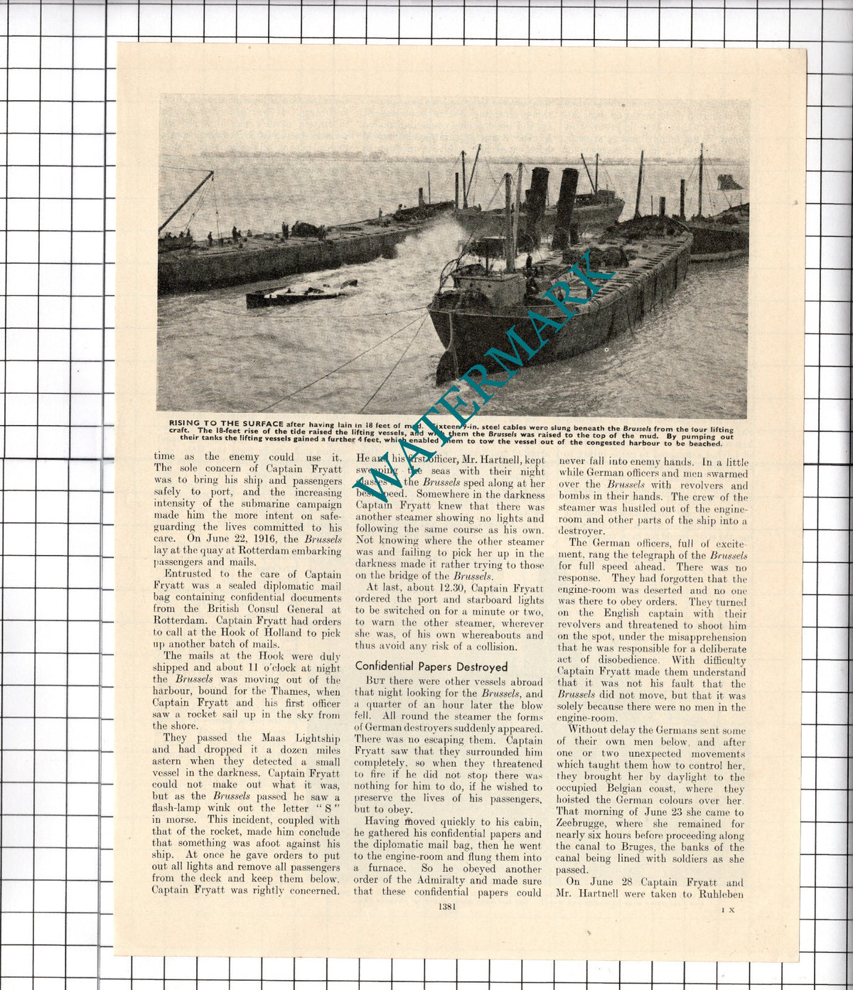The BRUSSELS Ship Captain Fryatt World War One WW1 - c.1940's Article / Print