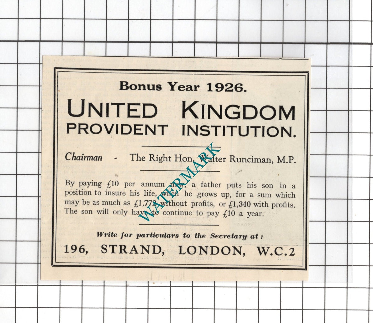 The Right Hon Walter Runciman MP Provident Institution - 1926 SMALL Advert
