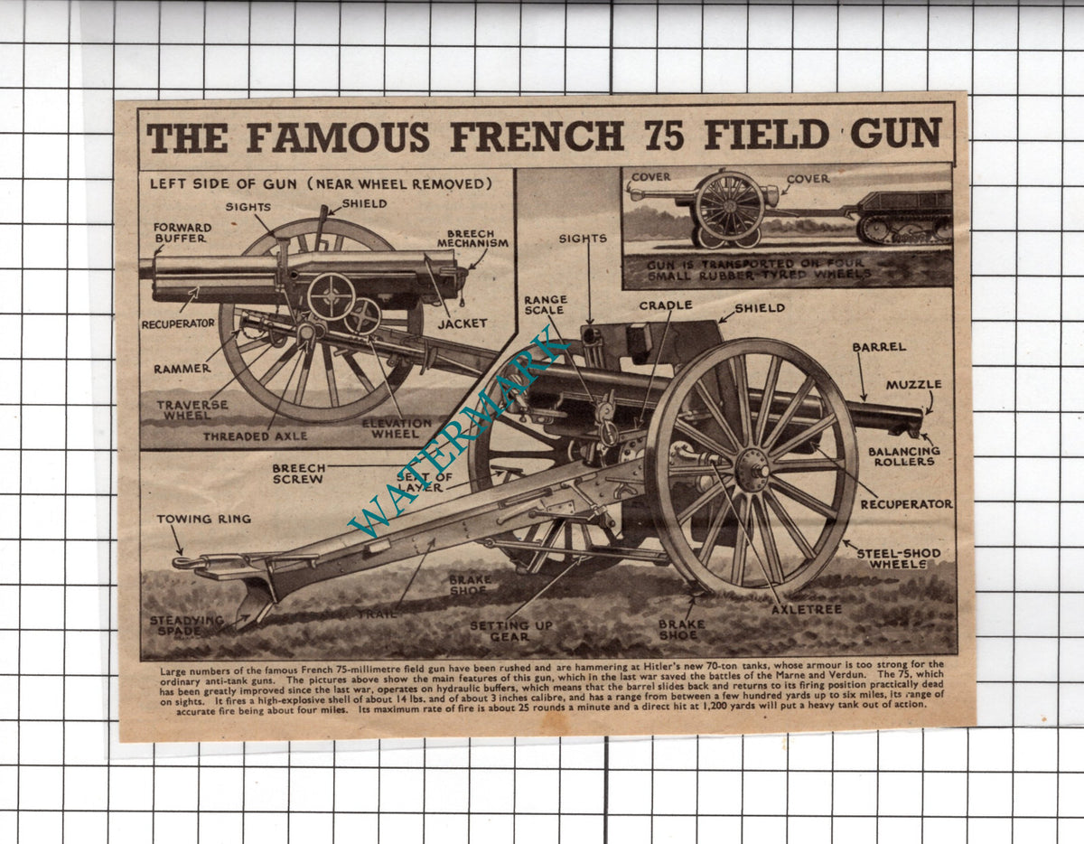 The French 75 Field Gun Diagram WW2 - 1940 Small Clipping
