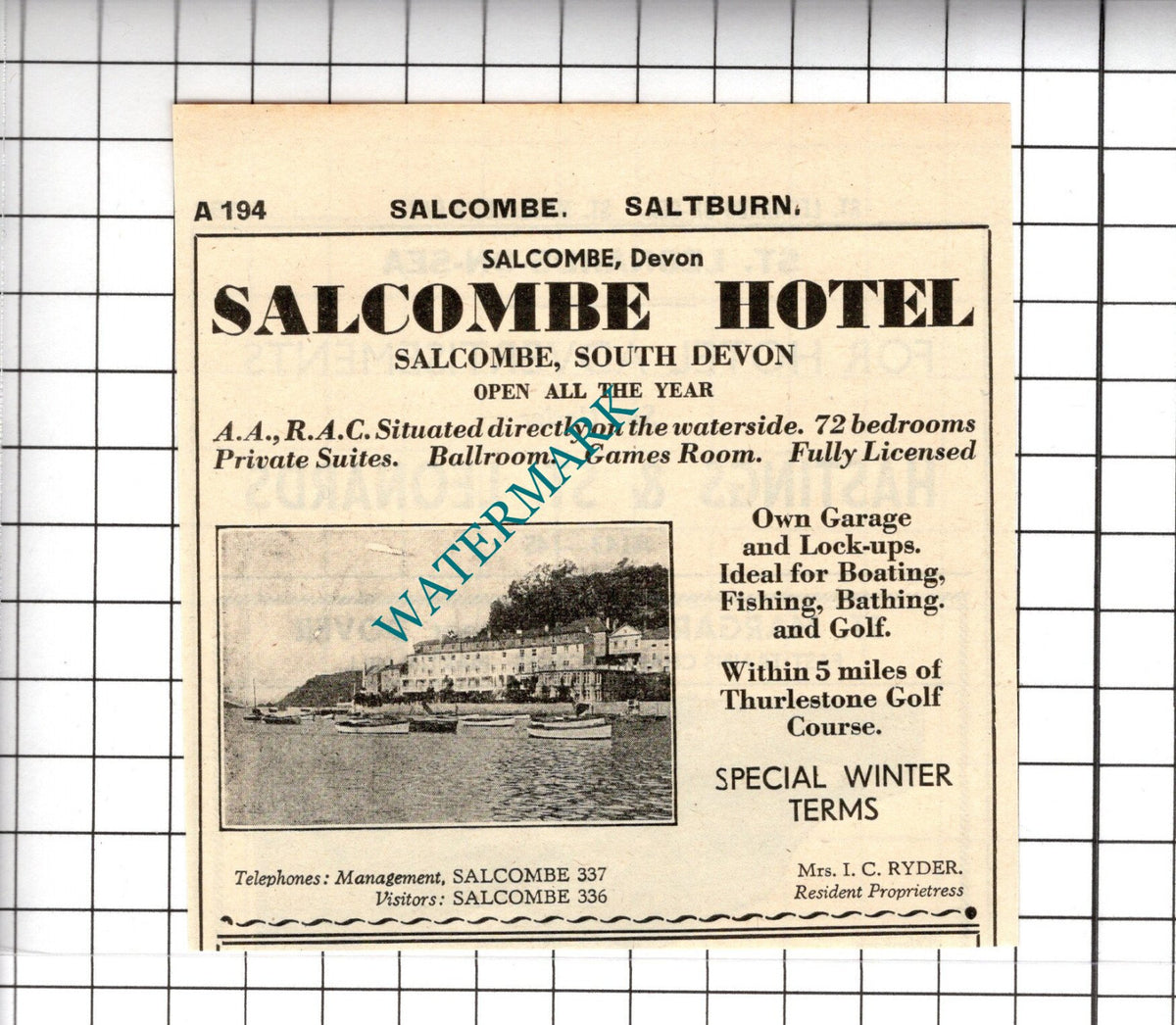 Salcombe Hotel Devon Mrs I C Ryder Small Advert - 1958 Cutting