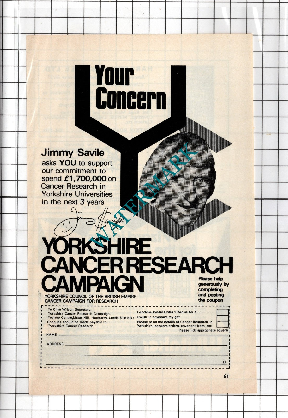 Yorkshire Cancer Research Campaign Savile - 1979 Small Advert