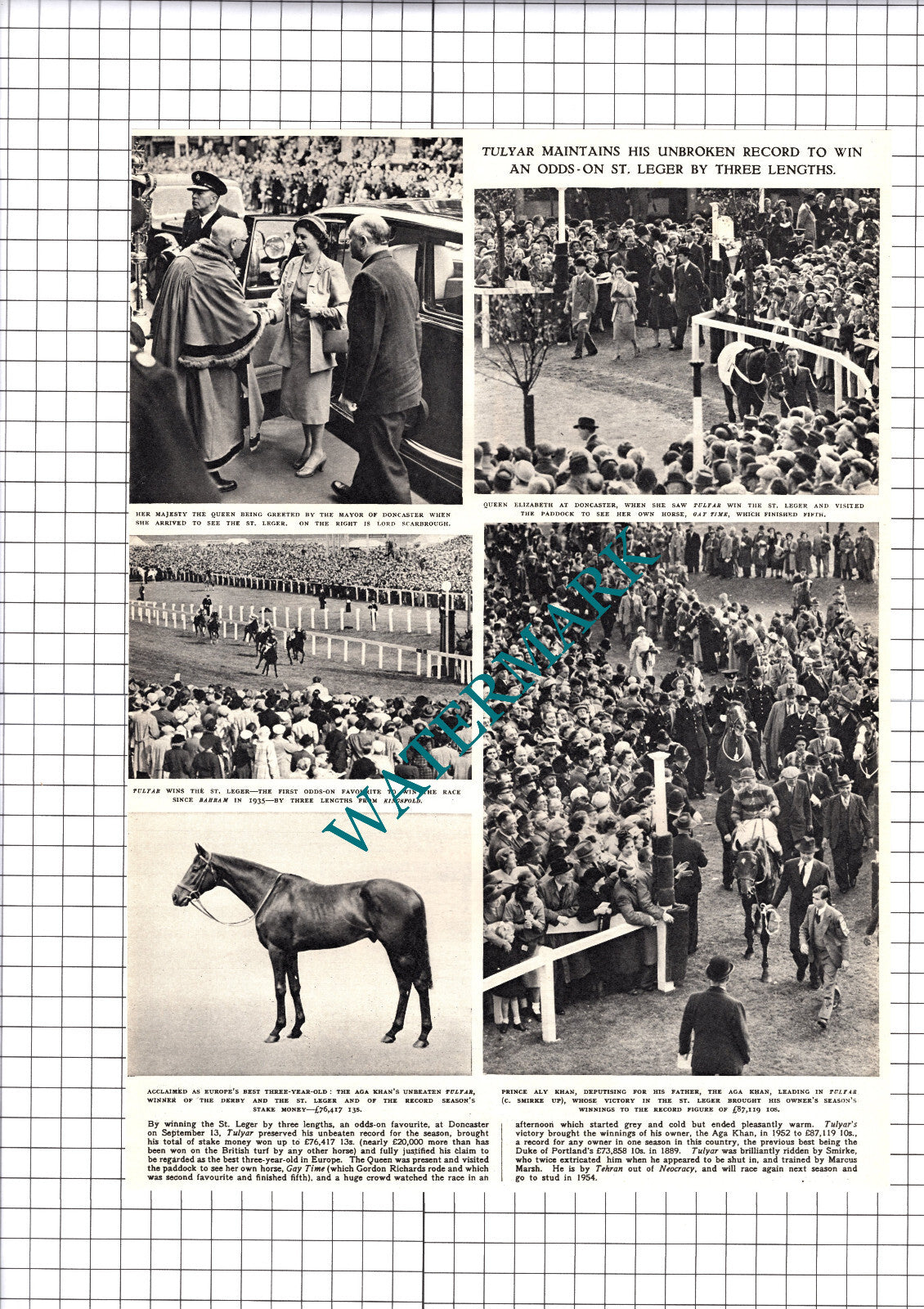 TULYAR Race Horse St Leger Prince Aly Khan - 1952 Cutting / Print