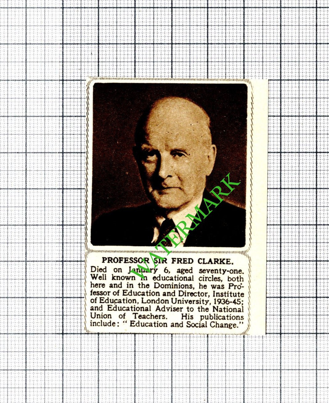 Professor Sir Fred Clarke Obituary - 1952 SMALL Cutting
