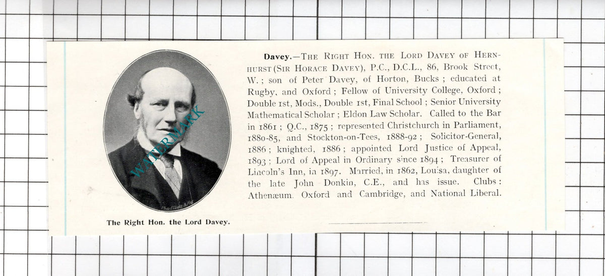 The Lord Davey Of Hernhurst Sir Horace Davey - c.1905 Clipping