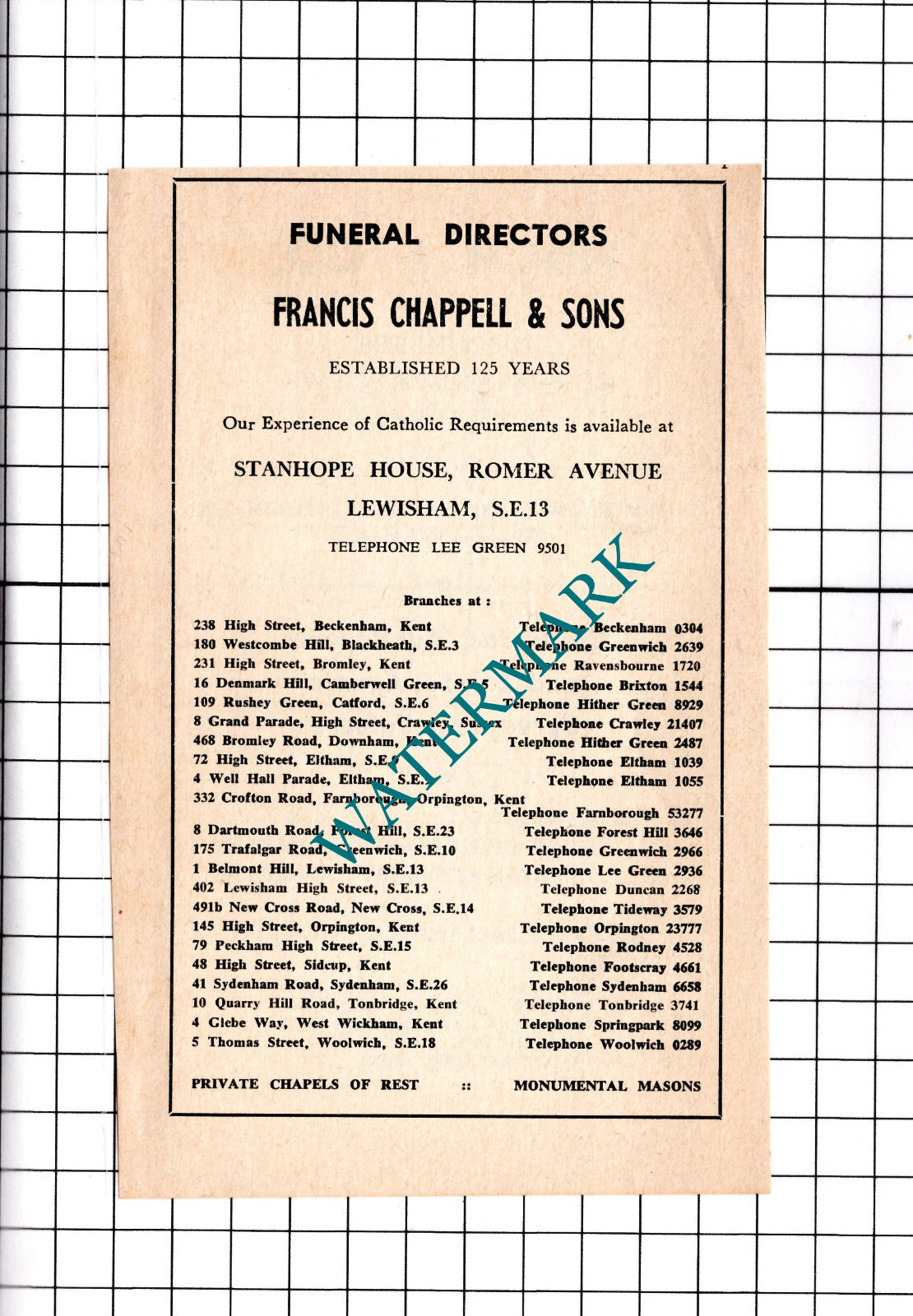 Francis Chappell & Sons Funeral Directors Lewisham London - 1967 Advert