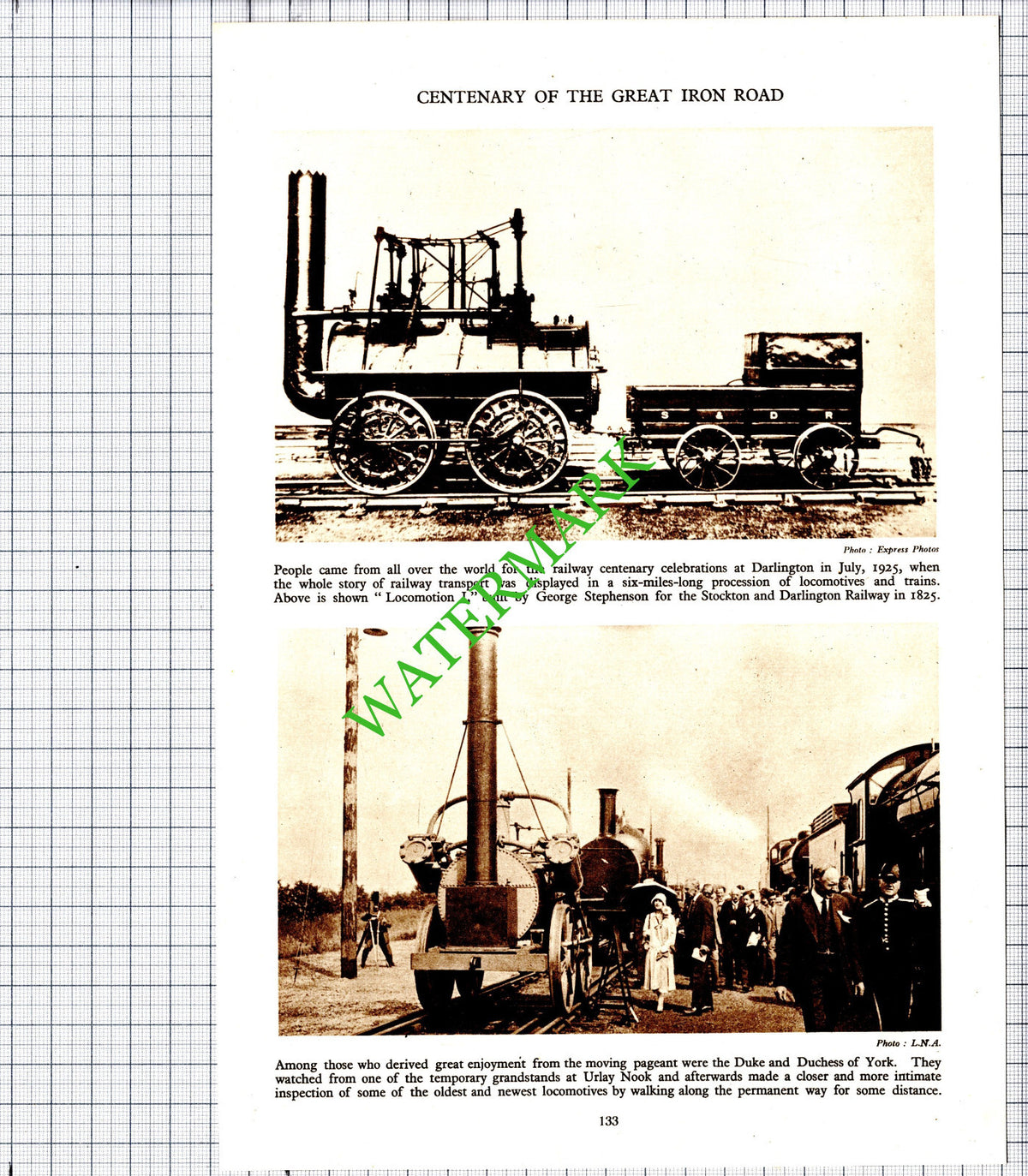 Railway Centenary Darlington Urlay Nook Locomotion I - c.1936 Cutting / Print