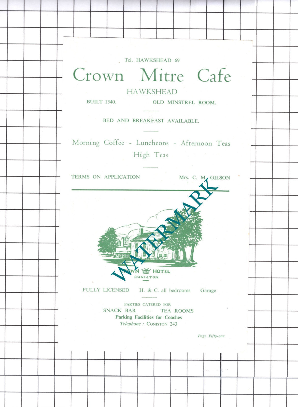 Crown Mitre Cafe Hawkshead Gilson / Crown Hotel Coniston Advert - c.1952 Cutting
