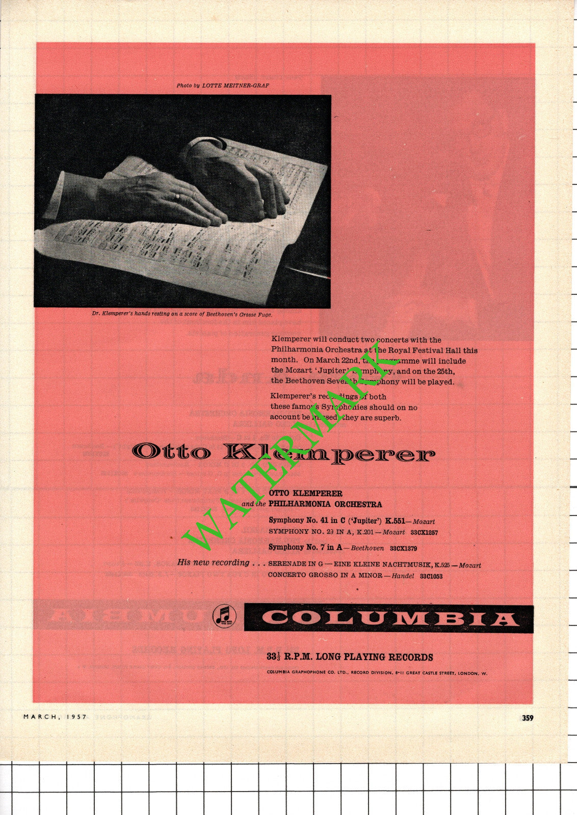 Geza Anda / Otto Klemperer Advert - 1957 Cutting