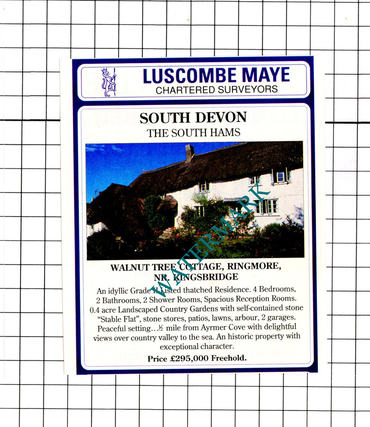 Walnut Tree Cottage Ringmore Devon House Sale Advert - 1991 Clipping / Print
