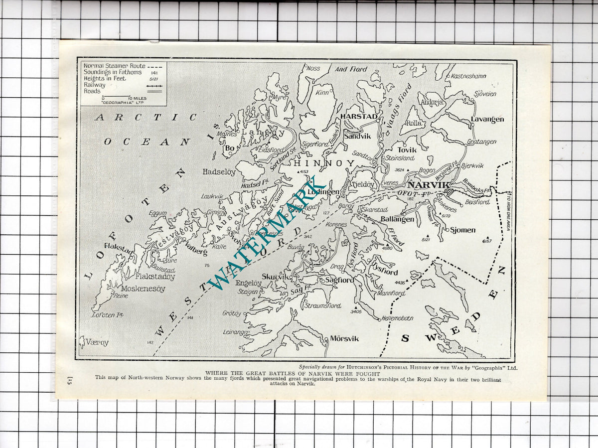 Narvik Battles Map World War Two WW2 - c.1940's Cutting