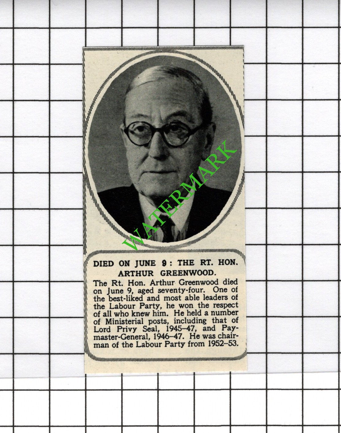 Rt Hon Arthur Greenwood Obituary - 1954 Small Cutting