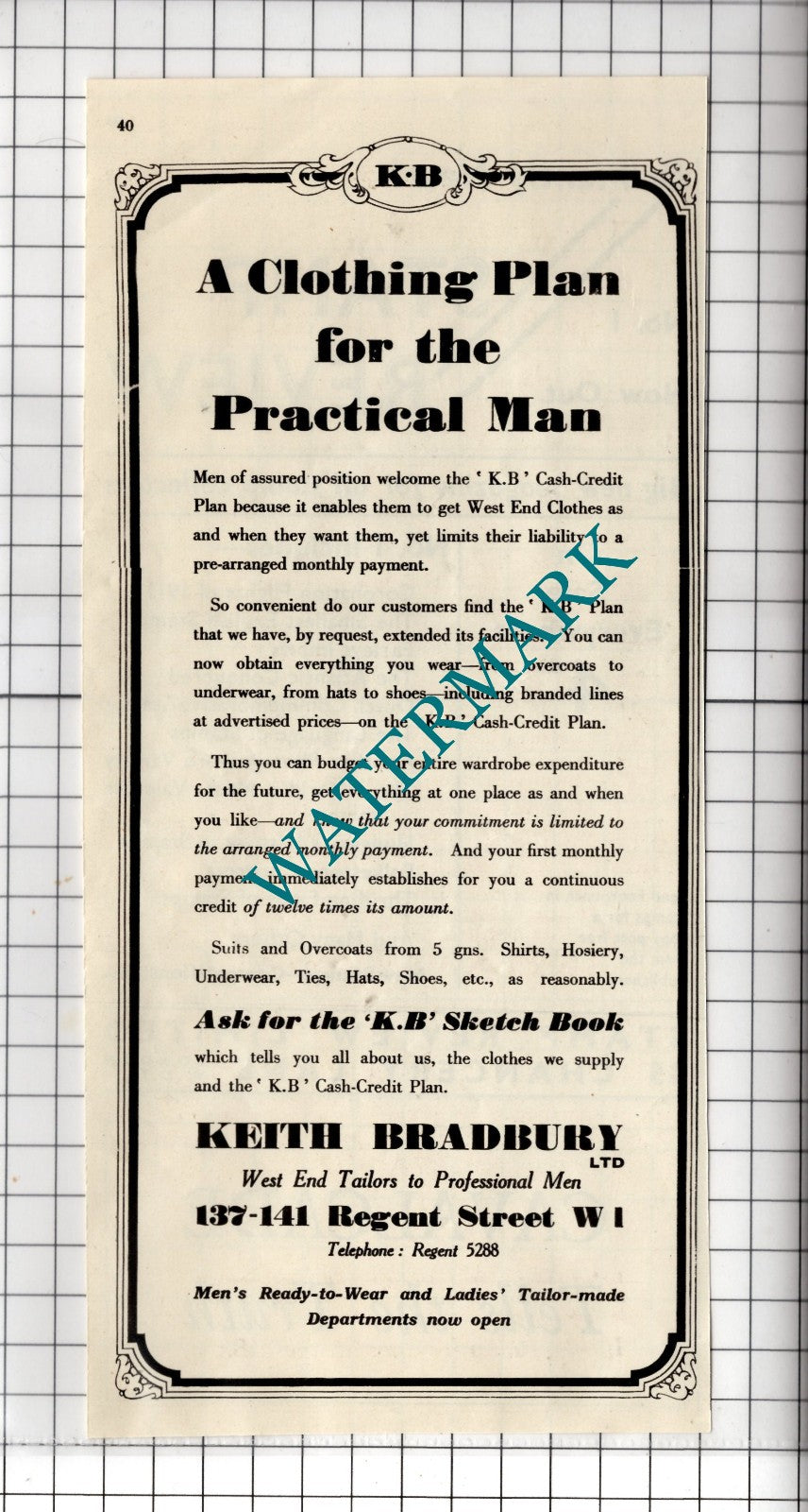 Keith Bradbury Ltd Tailors Regent Street London - 1937 Advert