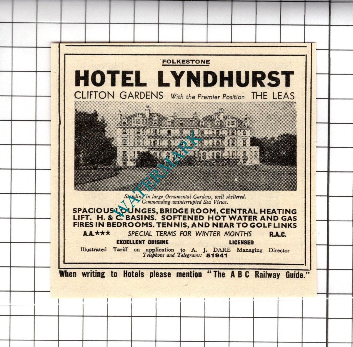 Greystone Hotel Folkestone Squire-Cross / Lyndhurst AJ Dare Advert -1958 Cutting