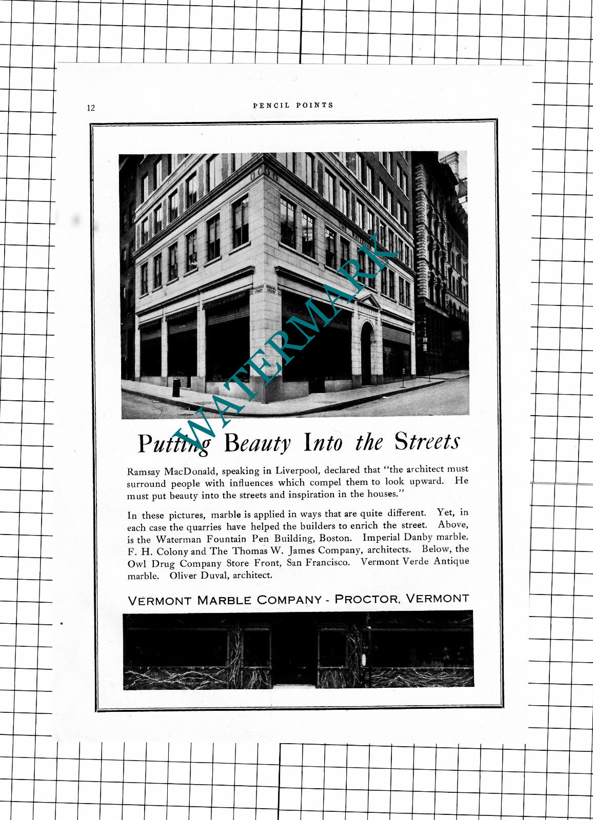 Waterman Fountain Pen Building Boston USA Vermont Marble - 1926 Advert / Print