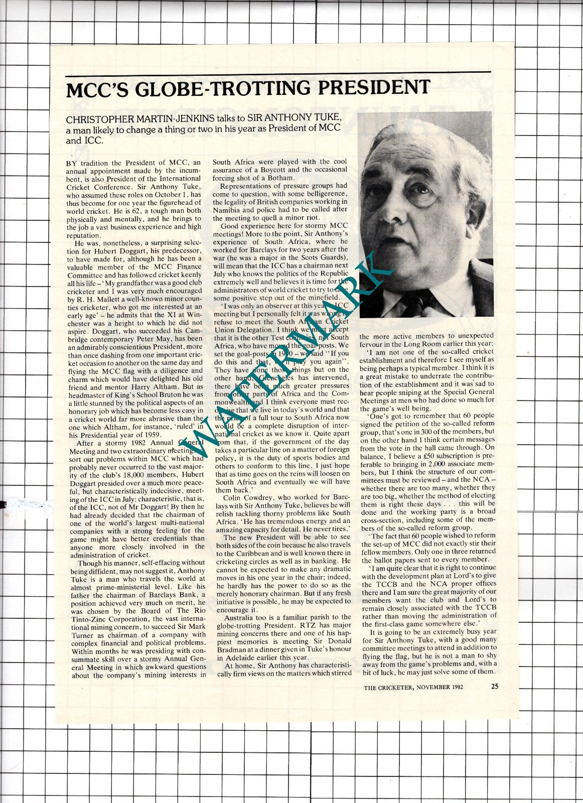 Sir Anthony Tuke Cricket - 1982 Article