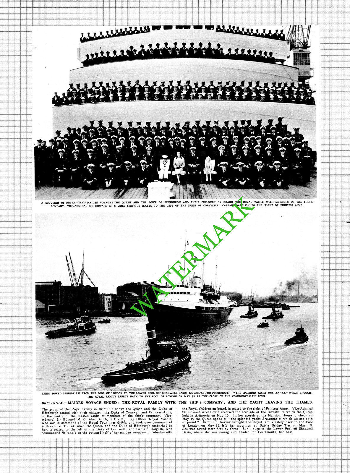 Britannia Royal Yacht Ship Maiden Voyage - 1954 Cutting / Print
