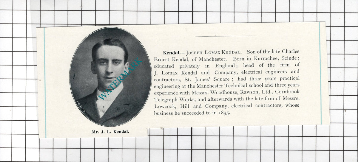 Mr Joseph Lomax Kendal Manchester Kurrachee Scinde - c.1900 Cutting
