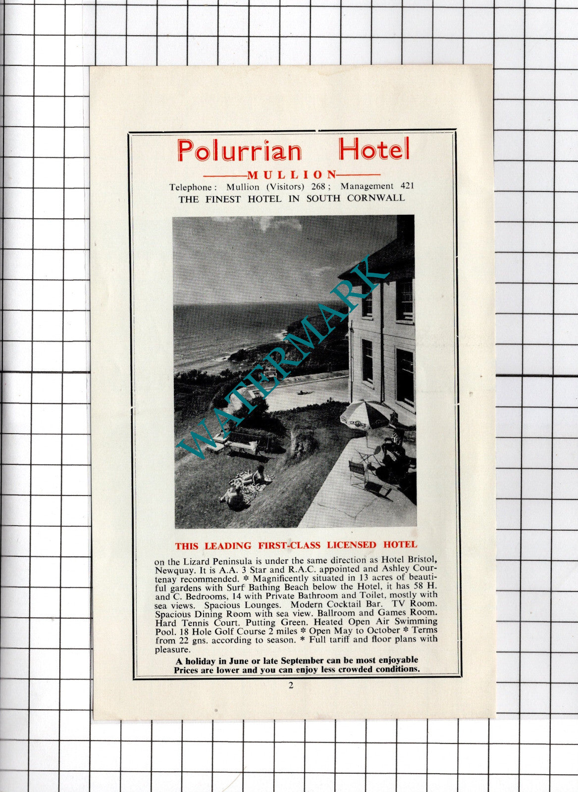 Polurrian Hotel Mullion Cornwall - c.1969 Advert