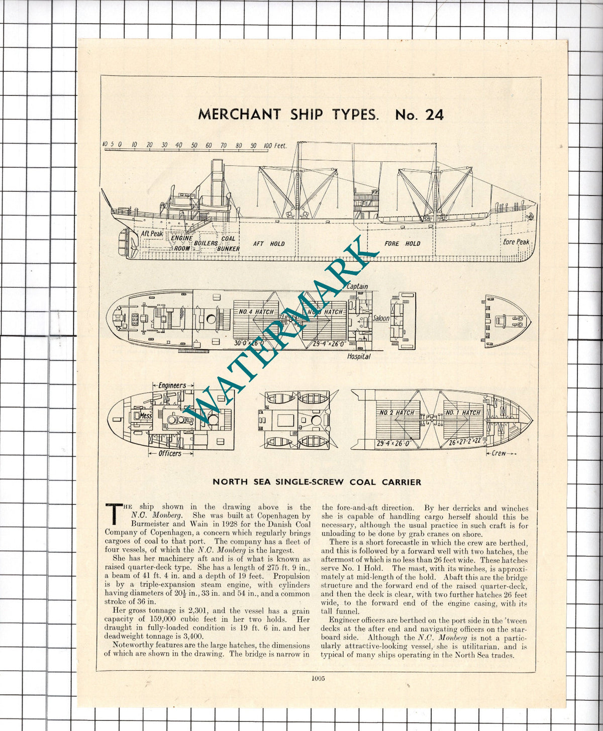 N C MONBERG Ship Diagram Coal Carrier - c.1940's Cutting / Print