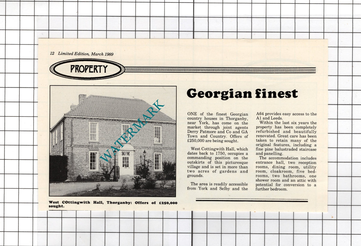 West Cottingwith Hall Thorganby Yorkshire House Sale Advert - 1989 Cutting