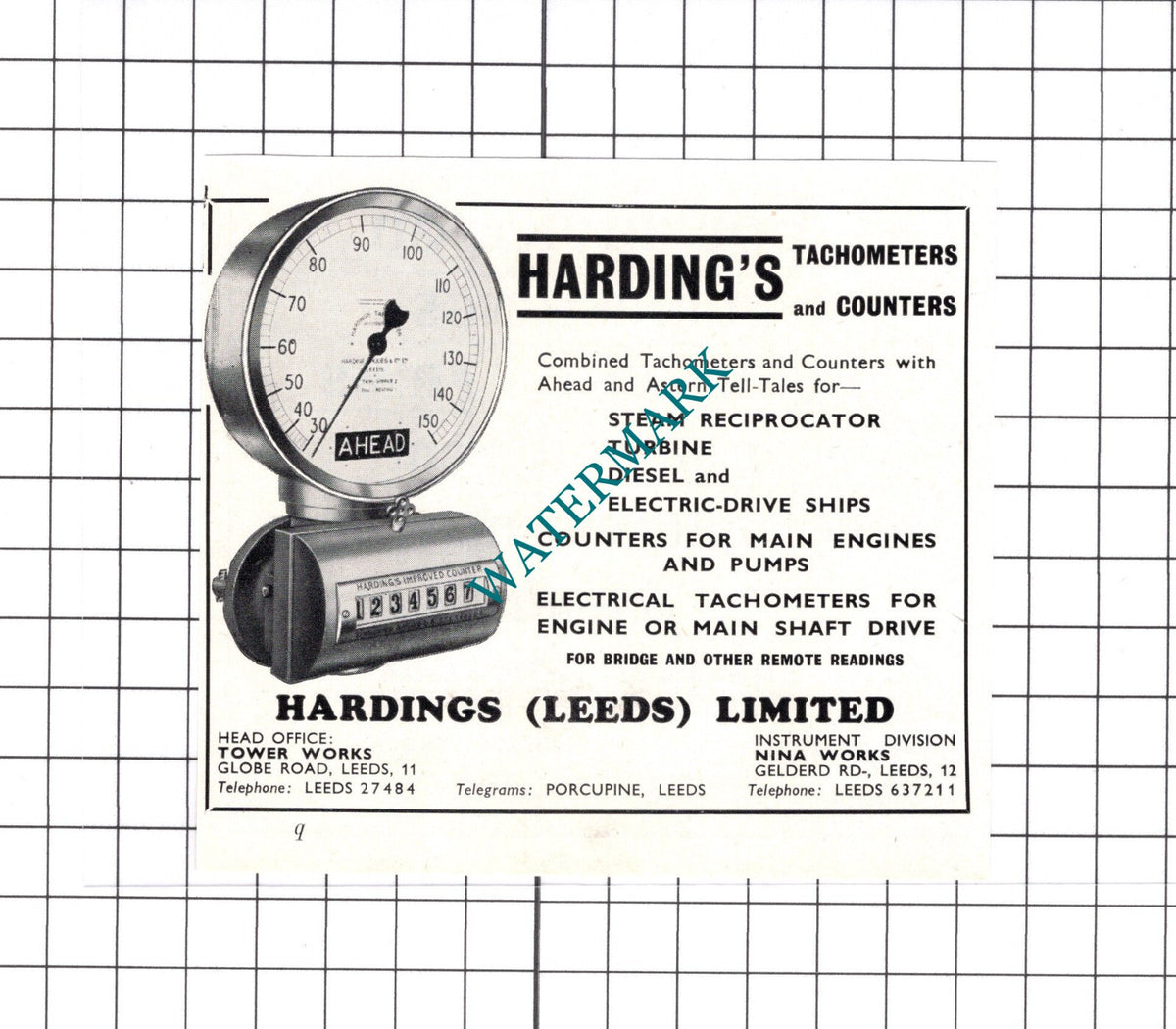 Hardings (Leeds) Ltd Tachometers - c.1957 SMALL ADVERT