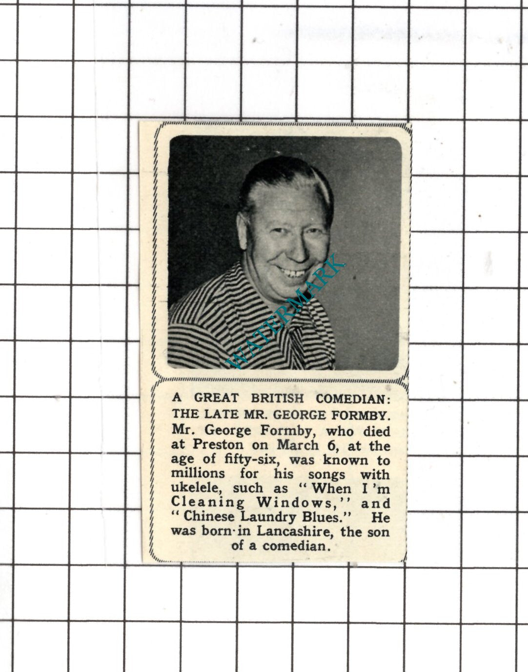 Mr George Formby Obituary - 1961 SMALL News Cutting