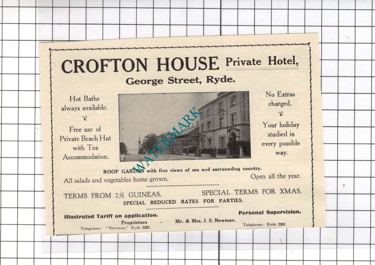 Crofton House Hotel Ryde Isle Of Wight Mr & Mrs J S Newman - 1938 Small Advert