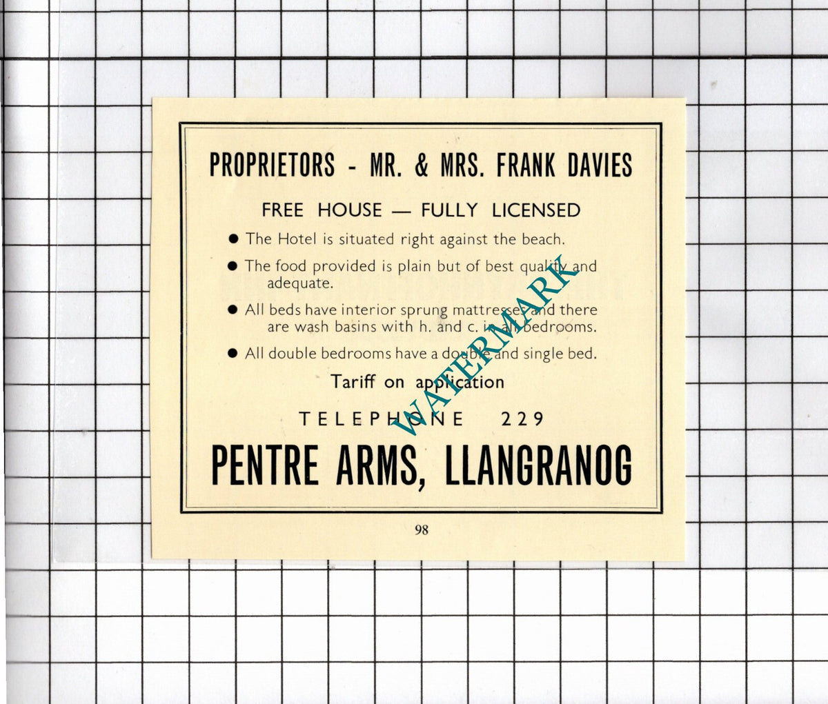 Pentre Arms LLangranog Wales Frank Davies - 1957 Small Advert