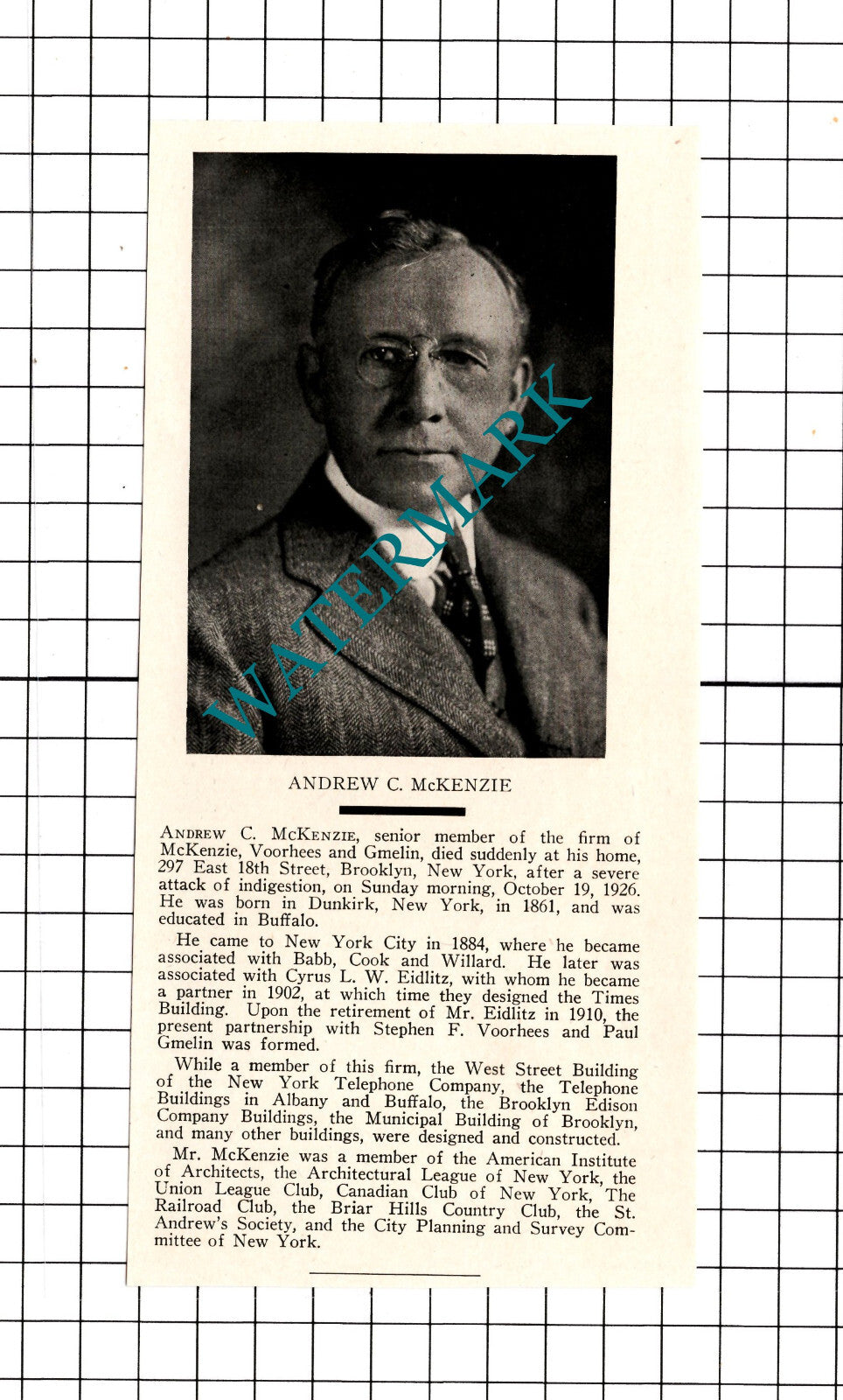 Andrew C McKenzie Voorhees and Gmelin Brooklyn New York - 1926 Clipping / Print