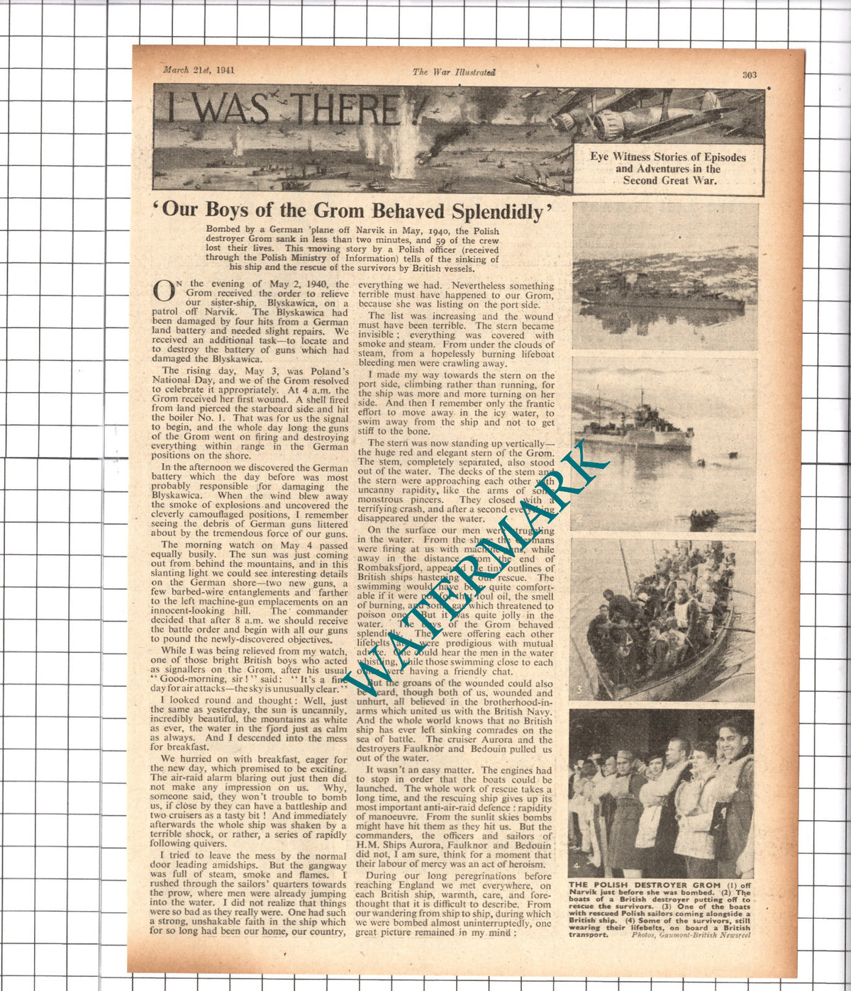 Polish Destroyer Ship GROM World War Two - 1941 Article / Print