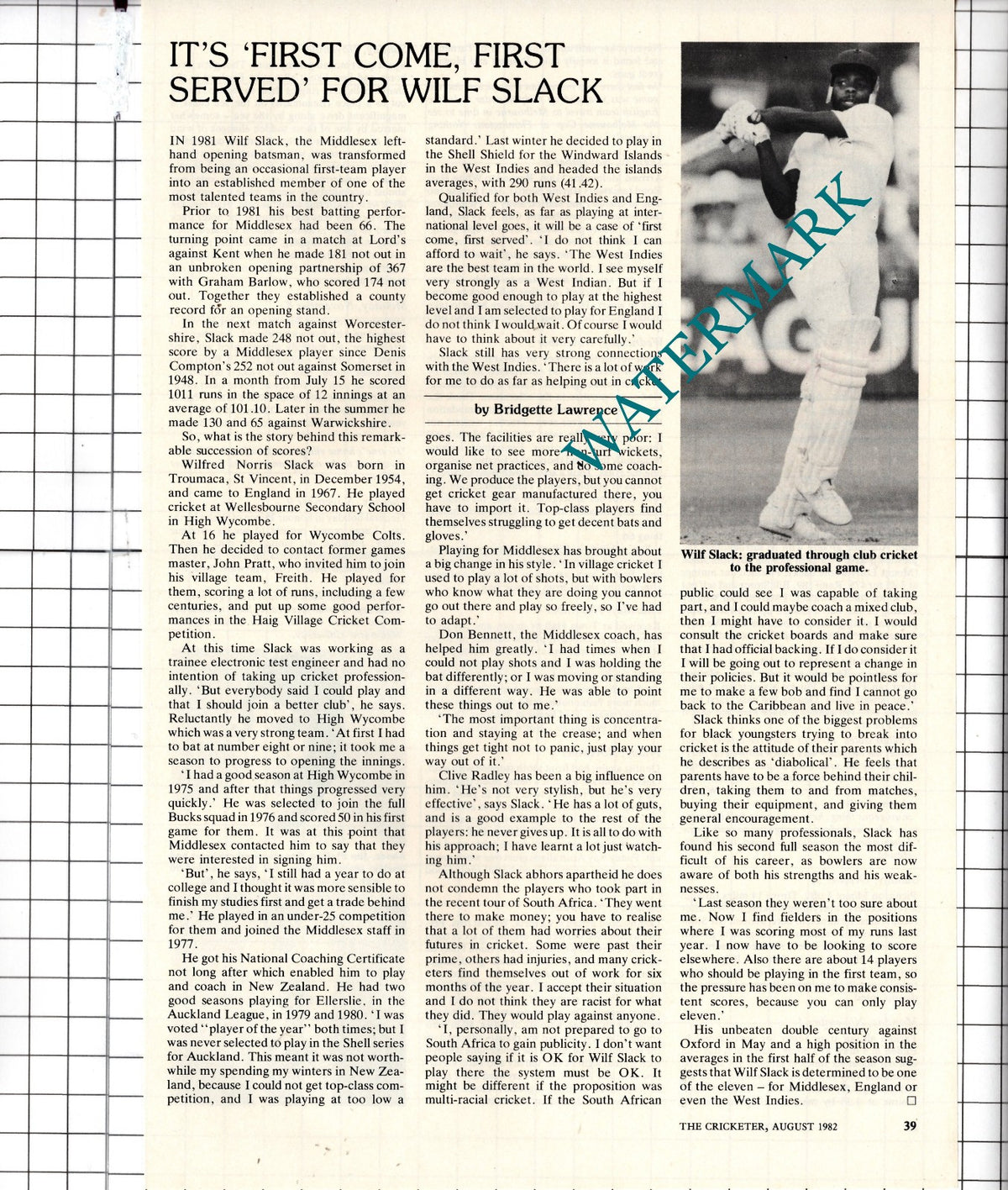 Wilf Slack Cricketer Cricket - 1982 Article